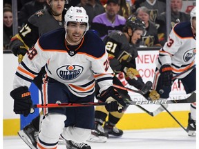 Andreas Athanasiou #28 of the Edmonton Oilers skates against the Vegas Golden Knights in the second period of their game at T-Mobile Arena on February 26, 2020 in Las Vegas, Nevada. The Golden Knights defeated the Oilers 3-0.