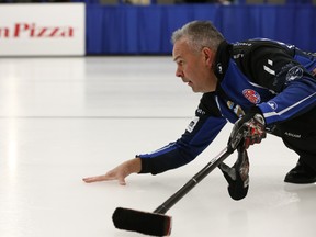 Skip James Pahl shoots during the 2019 Alberta Boston Pizza Cup championship at Ellerslie Curling Club on Wednesday, Feb. 6, 2019.