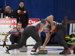 Skip Brendan Bottcher, yells at his sweepers at the 2017 Alberta Boston Pizza Cup men's curling championship in Westlock,on Wednesday February 8, 2017.