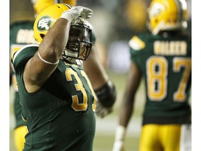 Edmonton's Calvin McCarty (31) celebrates a touchdown against the Winnipeg Blue Bombers at Commonwealth Stadium on Saturday, Sept. 30, 2017.