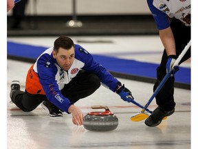 Skip Ted Appelman shoots during the championship game of the 2019 Alberta Boston Pizza Cup Men's Curling Championship between the Appelman and Koe rinks at Ellerslie Curling Club in Edmonton, on Sunday, Feb. 10, 2019. Photo by Ian Kucerak/Postmedia