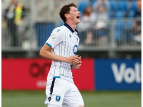 FC Edmonton's Easton Ongaro (19) reacts to a missed shot on HFX Wanderers FC's goalkeeper Christian Oxner (50) during the second half of a Canadian Premier League soccer game at Clarke Stadium in Edmonton, on Wednesday, July 31, 2019.