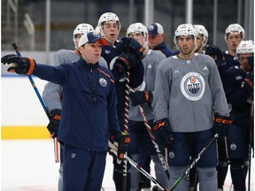 Bakersfield Condors Head Coach Jay Woodcroft works with players during Edmonton Oilers Rookie Camp at Rogers Place in Edmonton, on Sunday, July 8, 2019.