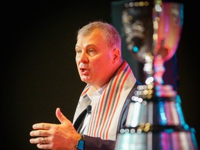 CFL Commissioner Randy Ambrosie addresses the media in his State of the League news conference during the 107th Grey Cup in Calgary on Nov. 22, 2019.