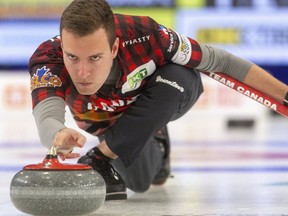Skip Brendan Bottcher throws during the fourth end of at a Continental Cup match against Europe skipped by Niklas Edin at the Western Fair Sports Centre in London, Ont., on Friday January 10, 2020.