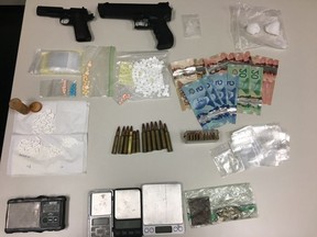 Fort Saskatchewan RCMP seized over 46.5 grams of suspected methamphetamine, 122 codeine tablets, 76 xanax tablets, 6.2 grams of psilocybin (mushrooms), digital scales, packaging, Canadian currency, an imitation firearm and a .22 Browning handgun after executing a search warrant at a home in Lamont, Alta.