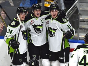 Edmonton Oil Kings' Josh Williams (14) celebrates his goal with teammates against the Lethbridge Hurricanes at Rogers Place in Edmonton on Feb. 17, 2020. The Oil Kings selected 11 players in the WHL Draft on Wednesday.