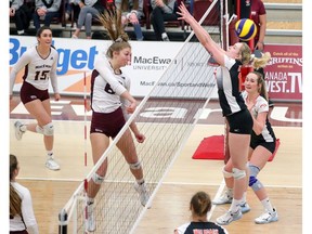 MacEwan Griffins' Haley Gilfillan hits the ball past the Thompson Rivers University WolfPack in their regular-season finale Feb. 8 at the David Atkinson Gym. The two sides will meet there again to open Canada West quarter-finals Thursday, Feb. 20, after the Griffins made the playoffs for the first time in program history. (Eduardo Perez/MacEwan Athletics)