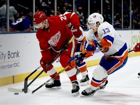Detroit Red Wings defenceman Mike Green (25) and New York Islanders center Mathew Barzal (13) battle for a loose puck during the second period at Nassau Veterans Memorial Coliseum.