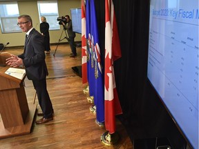 Finance Minister Travis Toews speaks to the media on the 2020 budget at the embargoed news conference in Edmonton, Thursday, Feb. 27, 2020.