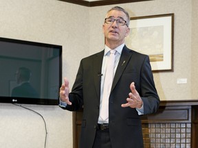 Travis Toews (Alberta Minister of Finance and President of the Treasury Board) meets with news media at the Alberta Legislature in Edmonton on the eve of the provincial budget that he will release on Thursday February 27, 2020.