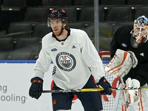 Edmonton Oilers captain Connor McDavid skated at team practice in Edmonton on Thursday February 20, 2020. McDavid has been out of action due to a leg injury.