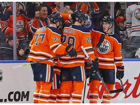 The Edmonton Oilers celebrate a goal by forward Kailer Yamamoto (56) against the Chicago Blackhawks at Rogers Place on Tuesday, Feb. 11, 2020.