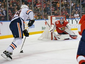 Edmonton Oilers centre Leon Draisaitl (29) shoots on Florida Panthers goaltender Sam Montembeault (33) at BB&T Center on Saturday, Feb. 15, 2020.