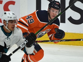 Edmonton Oilers' Tyler Benson (49) plays his first NHL game against the San Jose Sharks at Rogers Place on Feb. 6, 2020.