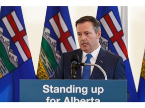 Alberta Premier Jason Kenney speaks about Sunday's Teck Frontier cancellation during a press conference at the Federal Building in Edmonton, on Monday. Photo by Ian Kucerak/Postmedia.