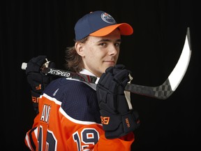 Raphael Lavoie poses after being selected 38th overall by the Edmonton Oilers during the 2019 NHL Draft at Rogers Arena on June 22, 2019, in Vancouver.