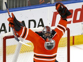 Edmonton Oilers goalie Mike Smith defends his net against the Chicago Black Hawks in Edmonton on February 11, 2020.