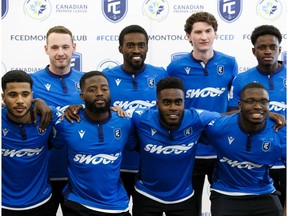 Players introduce FC Edmonton's new home jersey during a team event at West Edmonton Mall on Feb. 27, 2020.