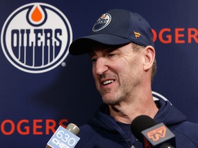 Oilers associate coach Jim Playfair speaks with media at an Edmonton Oilers practice ahead of their Saturday game against the Columbus Blue Jackets at Rogers Place, on Friday, March 6, 2020.
