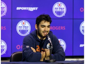 Edmonton Oilers forward Andreas Athanasiou is interviewed by media after a practice at Rogers Place ahead of their March 11 game against the Winnipeg Jets in Edmonton on March 10, 2020.