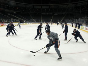 Edmonton's Ethan Bear (74) drills with teammates during an Edmonton Oilers practice at Rogers Place ahead of their March 11 game against the Winnipeg Jets in Edmonton on Tuesday, March 10, 2020.