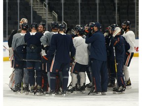 The Edmonton Oilers listen to head coach Dave Tippett speak during practice at Rogers Place ahead of their March 11 game against the Winnipeg Jets in Edmonton, on Tuesday, March 10, 2020.