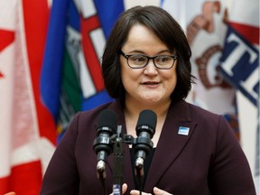Carrie Hotton-MacDonald, Edmonton Transit Service director of business integration, speaks during the announcement of gender-based safety and security initiatives at the Kathleen Andrews Transit Garage in Edmonton on Thursday, March 12, 2020.