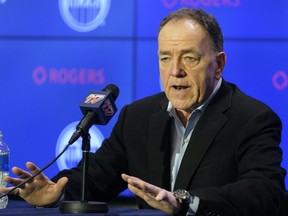 Edmonton Oilers Chief Operating Officer and President of Business Operations Tom Anselmi issued a statement at Rogers Place in Edmonton on March 13, 2020. The National Hockey League has suspended play until further notice due to the global pandemic of the coronavirus.
