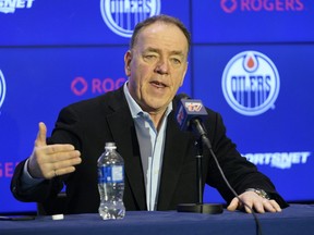 Edmonton Oilers Chief Operating Officer and President of Business Operations Tom Anselmi issued a statement at Rogers Place in Edmonton on March 13, 2020. The National Hockey League has suspended play until further notice due to the global pandemic of the coronavirus.