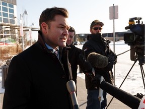 Matt Jeneroux, Conservative Party of Canada Shadow Minister for Health, calls for a stronger government response to COVID-19 outside of a closed Terwillegar Recreation Centre in Edmonton, on Monday, March 16, 2020.