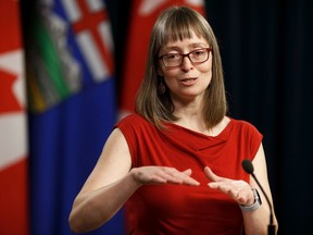 Dr. Deena Hinshaw, Alberta's chief medical officer of health, gives an update on the COVID-19 testing regimen and the provincial health response to the ongoing global pandemic at the Alberta Legislature in Edmonton, on Monday, March 23, 2020.