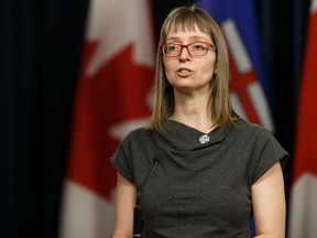 Dr. Deena Hinshaw, Chief Medical Officer of Health, speaks  about the COVID-19 pandemic during a press conference at the Alberta Legislature in Edmonton, on Wednesday, March 25, 2020. Photo by Ian Kucerak/Postmedia