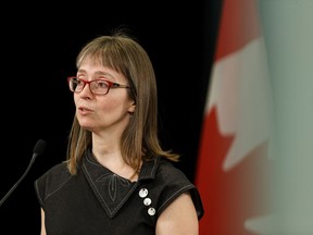 Dr. Deena Hinshaw, Alberta's Chief Medical Officer of Health, speaks during a provincial COVID-19 update at the Federal Building at the Alberta Legislature in Edmonton, on Friday, March 27, 2020. Photo by Ian Kucerak/Postmedia