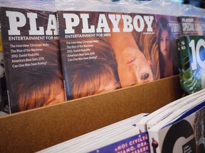 In this file photo taken on October 13, 2015 issues of Playboy magazines are seen on the shelf of a bookstore in Bethesda, Maryland.