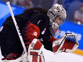 Canada's Shannon Szabados defends her goal during the preliminary round match between Canada and Finland in the Pyeongchang 2018 Winter Olympic Games at the Kwandong Hockey Centre in Gangneung, South Korea, on Feb. 13, 2018.