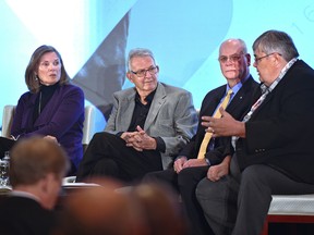 A panel discussion with Diane Jones-Konihowski, left, and Postmedia columnist Terry Jones, discusses the legacy of the 1978 Commonwealth Games in Edmonton in this file photo taken on Oct. 6, 2016.