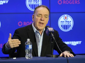 Edmonton Oilers Chief Operating Officer and President of Business Operations Tom Anselmi issued a statement at Rogers Place in Edmonton on March 13, 2020. The National Hockey League has suspended play until further notice due to the global pandemic of the coronavirus. (PHOTO BY LARRY WONG/POSTMEDIA)