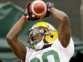 Bryant Mitchell makes a catch during Edmonton Eskimos practice at Commonwealth Stadium in this file photo from July 18, 2017.