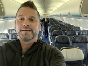 Eskimos president Chris Presson was the lone passenger on a 767 WestJet flight back home to Arizona. Photo received in Edmonton Monday March 30, 2020.