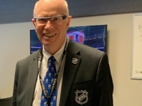 An NHL statistician for 42 years, Al Robertson is seen inside the NHL Room at Rogers Place on March 7, 2020, the night he was honoured by the Edmonton Oilers alongside time-keeper Sandy Millar and goal-judge Ted McPhee.