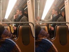 In a viral video, a man can be seen licking his hand and smearing it on a subway pole. (Twitter)