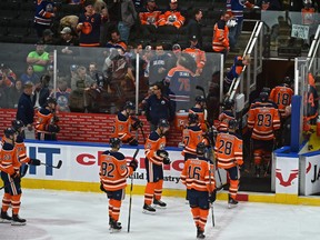 This is the last time you could see the Edmonton Oilers for a while as they leave the ice surface after losing to the Winnipeg Jets 4-2 Wednesday, during NHL action at Rogers Place in Edmonton, March 11, 2020.