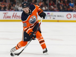Edmonton Oilers' Joel Persson (36) shoots on Ottawa Senators goaltender Craig Anderson (41) at Rogers Place on Dec. 4, 2019.