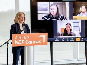 Opposition leader Rachel Notley calls for relief funding for universities and colleges on April 16, 2020.
