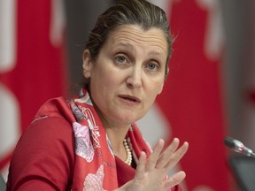 Deputy Prime Minister and Minister of Intergovernmental Affairs Chrystia Freeland responds to a question during a news conference Wednesday April 22, 2020 in Ottawa.