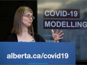 Dr. Deena Hinshaw, chief medical officer of health, discusses the province's COVID-19 modelling during a news conference in Edmonton on Wednesday, April 8, 2020.