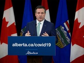 Premier Jason Kenney provides an update on the Province's response to COVID-19 during a press conference, in Edmonton Monday April 6, 2020. Photo by David Bloom