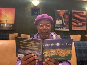 Samuel L. Jackson reads "Stay the F--- at Home" on "Jimmy Kimmel Live."