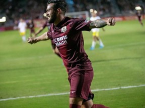 Midfielder Keven Aleman celebrates a goal with Sacramento Republic FC in the USL during the 2019 season. Aleman is joining FC Edmonton for the 2020 season.